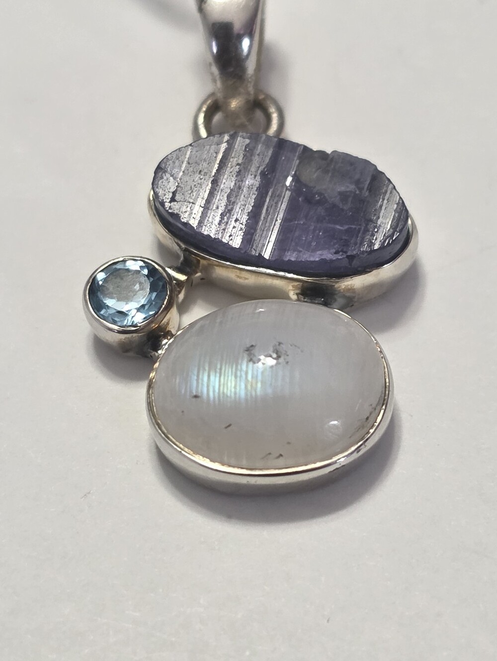Sterling Silver Moonstone, Tanzanit and Blue Topaz Pendant - White, Purple, Blue